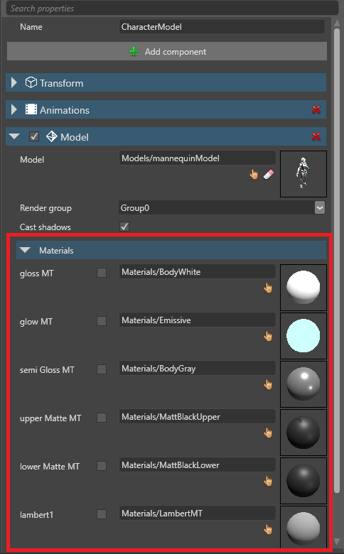 Model materials on entity